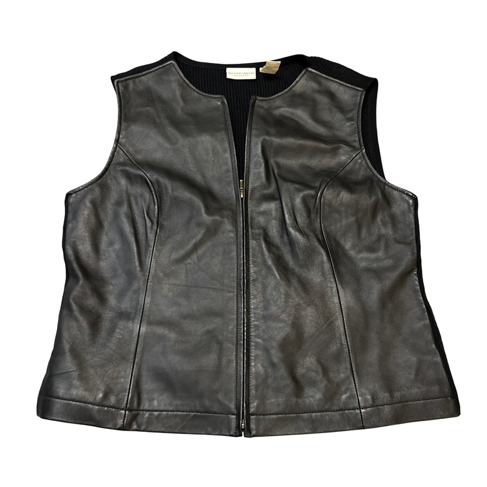 Jaclyn‎ Smith Classic Black Leather Knit Vest Zip Front Women XL